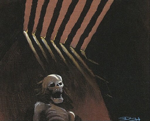An illustration of a skeleton sitting in a prison cell. 