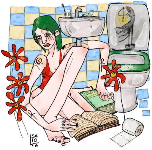 seduta in terra con un ginocchio alto ed uno basso, una figura femminile con capelli verdi e canottiera rossa con una mano sfoglia un libro; l'altro braccio si appoggia alla tubatura del piccolo lavabo su cui sta un minuscolo bicchiere con spazzolino e tubetto. Accanto alla figura femminile un altro libro con la scritta: codice civile. Un sanitario con tavoletta verde scolorita ha la tavola alzata, sulla quale è una figura femminile di eremita che regge una candela accesa. un rotolo di carta igienica in terra. Sullo sfondo, una scacchiera di mattonelle gialle e azzurre. fiori rossi intorno.