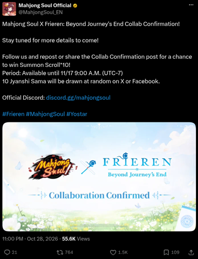 Mahjong Soul X Frieren: Beyond Journey's End Collab Confirmation!  Stay tuned for more details to come!