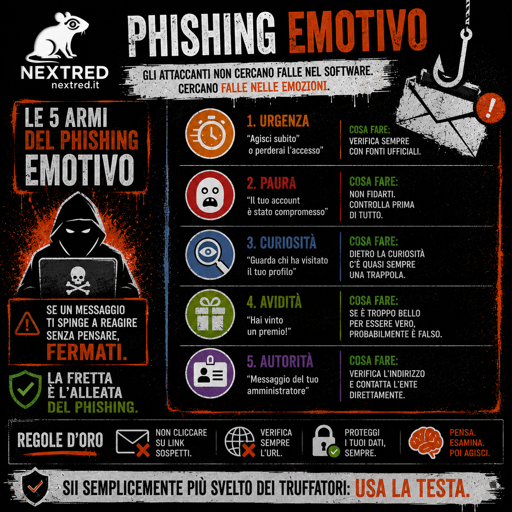 🐀 Pillole di Cybersecurity 
5 Armi del Phishing Emotivo 
1- Urgenza
2-Paura 
3-Curiosità
4-Avidità
5-Autorità

Un messaggio che ti chiede di eseguire un azione immediatamente, che ti promette denaro o premi è degna di essere analizzata. 
Fermati e pensa!