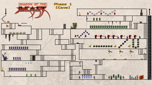 Una mappa di Shadow of the Beast del 1989 che rappresenta la prima sezione (quella delle caverne) con tutte le stanze, gli oggetti, i percorsi e i vari mostri, compresi i boss. 