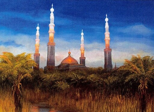 An illustration of a mosque-type building with four minarets during the sunset, in the middle of a palm tree forest.