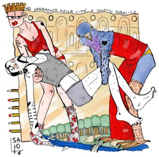 su sfondo giallo sferisterio (ad ornamento della città a diletto pubblico) con boschetto e fiume Chienti con ponte, matite sporgenti disposte con punta alternata: Saio G in mutande e canottiera è sostenuto da due figure femminili. La figura che lo regge per le braccia ha una corona cittadina, canottiera e mutande gialle con calzettoni calati grigi con simboli cittadini di ruote e croci; la figura che lo regge per le gambe indossa un abito da sera rosso e mutande gialle, antropomorfa ha le gambe di piccione la testa di piccione e le piume sulla perte superiore del corpo. dalla mano cadente di Saio G (artista) sgorga acqua che forma il fiume sottostante.