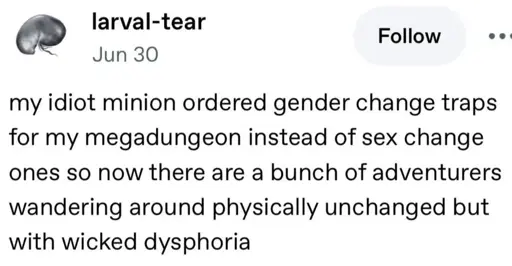 My idiot minion ordered gender change traps for my megadungeon instead of sex change ones so now there are a bunch of adventurers wandering around physically unchanged but with wicked dysphoria