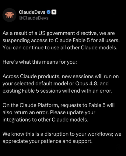 Claude Devs annuncia la disattivazione di Fable 5