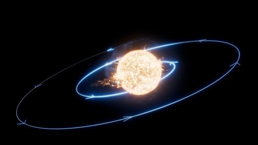 Concezione artistica di una stella che inghiotte un pianeta. Le linee blu tracciano il percorso del pianeta mentre spiraleggia verso la stella fino a collidere con essa (il pianeta è visibile parzialmente mentre si schianta sul lato sinistro della stella).