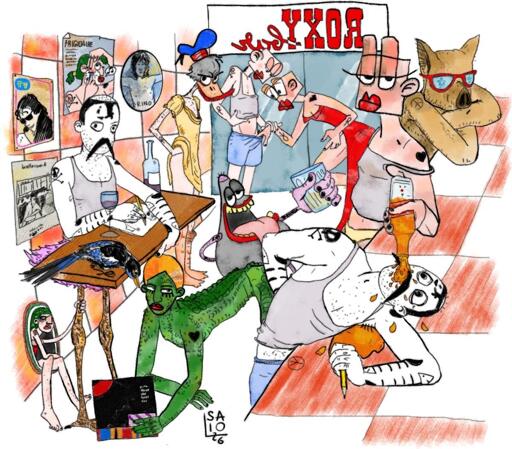 al Roxi bar. da sinistra: Saio G con gambe da cicogna regge il tavolo dove disegna, sul tavolo c'è una bottiglia di vino, un bicchiere e una gazza. Un paperino imbronciato con corpo femminino, cappello marinaro rossoblu, veste gialla, e calze arancio. due figure femminili con testa quadrata, l'una vestita di abito da sera rosso controlla con mano le intimità dell'altra vestita con canottiera e boxer. un cattivik calvo con bocca rollingstoniana alza il calice. una donna coccodrillo in terra avanza mostrando la copertina del vinile the final cut. Al banco di scacchi biancorossi: un maiale pigro con occhiali rossi a braccia conserte; una figura femminile con canottiera e mutande gialle regge una bottiglia di wishky per riversarne il contenuto nella bocca spalancata di un Saio G rovesciato. In fondo l'entrata del bar con l'insegna. Nella parete biancorossa: un poster tvsorrisiecanzoni di vasco rossi, una copertina di frigidaire dove una figura femminile si fa la barba, rino gaetano jimmorisoniato, la copertina di sono solo canzonette, un buco da cui esce una piccola figura femminile imbronciata che si aggrappa alla zampa avicola di Saio G.