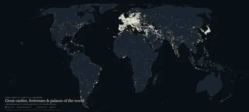 World map with 5,793 castles, fortresses and palaces drawn as points of light on a dark background. Europe is densely lit, most other regions sparse.