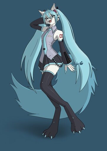 Cell-shaded art of Hatsune Miku depicted as a cheery Anthro cat with white fur, pointy cyan nail extensions, and extremely long legs and oversized feetpaws