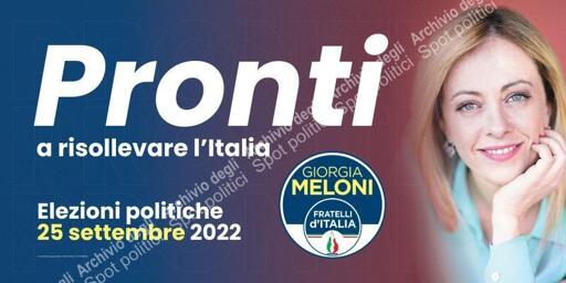 Immagine pubblicitaria per le Elezioni Politiche del 2022 con una fotografia di Giorgia Meloni modificata artificialmente tramite l'utilizzo di Photoshop e/o Intelligenza Artificiale.