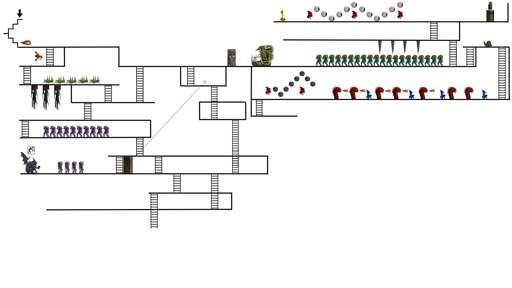 Una porzione di mappa del gioco Shadow of the Beast, precisamente delle caverne, con piattaforme, scale, mostri ed oggetti.
