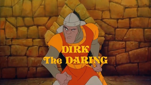 Dragon's Lair" che mostra il personaggio principale, Dirk the Daring, vestito con un'armatura arancione e grigia, pronto per l'azione. Lo sfondo è una parete di pietra. La scritta "DIRK The DARING" è in caratteri grandi e gialli.