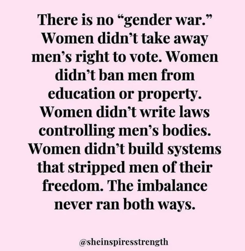 Black text on a pink background reading: 'There is no "gender war." Women didn't take away men's right to vote. Women didn't ban men from education or property. Women didn't write laws controlling men's bodies. Women didn't build systems that stripped men of their freedom. The imbalance never ran both ways. @sheinspiresstrength'