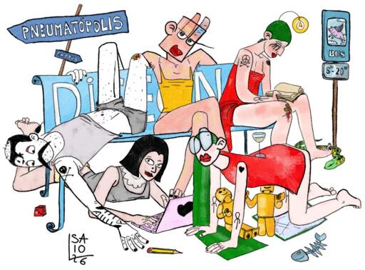 su una panchina azzurra con la scritta Disegna attendono il bus per Pneumatopolis: Saio G riverso con le gambe alla spalliera e la testa in basso mentre allunga la mano per raccogliere la matita in terra; una figura femminile con testa quadrata e canottiere gialla a gambe accavallate; una figura femminile con abito rosso che legge un libro, capelli verdi con una lampadina che ricade in avanti, sotto ad un piede nudo ha un serpente mansueto; sotto la panchina una figura femminile con capelli neri ed un neo al lato del naso che usa un laptop in mutande e canottiera; una figura femminile con ampio gilet rosso carponi regge un calice sulla schiena mentre allatta due pupazzi romoloremiani della Lego. Cartelli direzionali per Pneumatopolis e dalla parte opposta per Exodus. Cartello di bus stop con maiale alato. Dadi da gioco e lische di pesce.