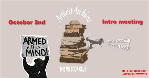 In the middle is an illustration of old books and a loudspeaker, beside is a photo of someone holding a sign "Armed with a mind"