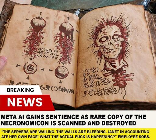Grafika (niestety chyba wygenerowana AI) stylizowana na kadr z wiadomości przedstawiający księgę z makabrycznymi obrazami. Poniżej pasek:

Breaking news

Meta AI gains sentience as rare copy of the Necronomicon is scanned and destroyed.

"The servers are wailing. The walls are bleeding. Janet in accounting ate her own face! What the actual fuck is happening" employee sobs