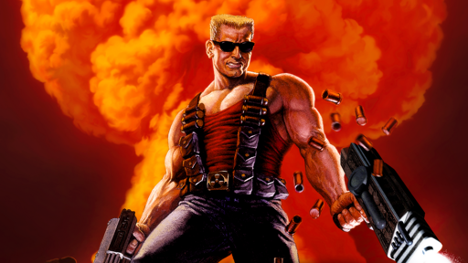 Duke Nukem, un personaggio iconico dei videogiochi, con occhiali da sole e capelli biondi, vestito con una canotta rossa e una cintura con fondine. Tiene due pistole in mano, in posa eroica, mentre dietro di lui esplode una grande nuvola di fumo arancione, circondato da bossoli volanti.